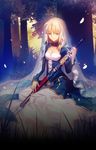  ahoge artoria_pendragon_(all) bangs blonde_hair blue_dress breasts caliburn cleavage cleavage_cutout dress fate/stay_night fate_(series) forest gown grass green_eyes highres holding holding_sword holding_weapon juliet_sleeves long_sleeves looking_down nature official_art outdoors petals puffy_sleeves saber scabbard sheath sheathed sitting sleeves_past_wrists small_breasts smile solo sword takeuchi_takashi tree turtleneck veil weapon yokozuwari 
