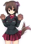  animal_ears breasts brown_eyes brown_hair dog_ears dog_tail girls_und_panzer kemonomimi_mode kuromorimine_military_uniform medium_breasts military military_uniform nishizumi_maho paws pleated_skirt sen_(astronomy) short_hair skirt solo tail tail_wagging uniform white_background 