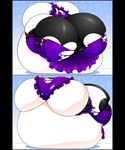  2016 anthro belly big_belly big_breasts big_butt black_fur black_hair blush bovine breasts butt cattle clothed clothing comic english_text female fur hair hazel_(madamsquiggles) heart_nipples horn huge_breasts huge_butt hyper hyper_belly hyper_breasts hyper_butt hyper_pregnancy long_hair madamsquiggles mammal moozel multi_breast multicolored_hair nipples pregnant solo teeth text torn_clothing white_fur white_hair white_nipples 