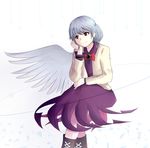  boots bow bowtie cross-laced_footwear dress head_rest jacket khylimei kishin_sagume long_sleeves looking_to_the_side open_clothes open_jacket red_eyes short_hair silver_hair single_wing sitting smile solo star touhou white_background wings 