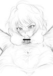  1girl abyssgraphica aldnoah.zero angry bad_id bad_pixiv_id bar_censor breasts censored fellatio greyscale hetero highres looking_at_viewer looking_up medium_breasts monochrome nipples oral out_of_frame penis pov rayet_areash saliva sketch solo_focus tears 