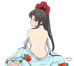  2016 alternate_costume alternate_hairstyle back bad_id bad_pixiv_id bangs bare_back bare_shoulders black_hair blue_eyes blush braid clothes_down dimples_of_venus eyebrows_visible_through_hair fate/stay_night fate_(series) floral_print flower from_behind hair_flower hair_ornament hair_over_shoulder japanese_clothes kimono light_frown long_hair looking_at_viewer looking_back no_bra nose_blush ponytail scrunchie sidelocks signature simple_background solo sweat toosaka_rin very_long_hair white_background yukako_(toyoyuki) 