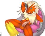  anthro arm_up balls blaziken digital_media_(artwork) erection front_view looking_at_viewer male navel nintendo open_mouth penis pok&eacute;mon reclining seyrmo signature sitting solo video_games 