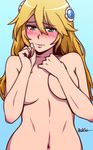  akairiot blazblue blazblue:_chronophantasma blonde_hair blue_background blush covering covering_breasts green_eyes highres long_hair looking_at_viewer navel noel_vermillion nude solo upper_body wavy_mouth 