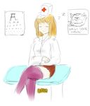  blonde_hair cacodemon charcola closed_eyes copyright_name crossed_legs doom_(game) eye_chart hat highres nurse nurse_cap partially_colored personification pink_legwear poster sign sitting sketch sleeping stimpack-tan thighhighs zettai_ryouiki zzz 