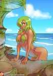  amalia_sheran_sharm breasts dark_skin day flower green_hair grin highres leaf_bikini long_hair ocean patreon_logo patreon_username sadida sky smile solo wakfu watermark web_address wet 