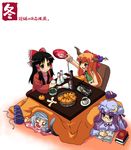  akuto alcohol alternate_costume bespectacled black_hair blank_eyes blush blush_stickers book bow brown_eyes cat_tail chopsticks contemporary cup drunk fish food fruit glasses hair_ribbon hair_tubes hakurei_reimu hat highres horn_bow horns ibuki_suika kotatsu large_bow long_hair mandarin_orange mob_cap mononobe_no_futo multiple_girls multiple_tails o_o orange_hair patchouli_knowledge pout purple_eyes purple_hair reading ribbed_sweater ribbon robe sakazuki sake short_hair smile sweater table tail tate_eboshi touhou two_tails 