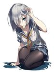  ;| adjusting_hair black_legwear blue_eyes blue_skirt blush breasts buttons cleavage collarbone expressionless eyes_visible_through_hair hair_ornament hair_over_one_eye hairclip hairclip_removed hamakaze_(kantai_collection) hand_in_hair hanging_breasts kantai_collection looking_at_viewer medium_breasts moriyama_yuuki mouth_hold one_eye_closed pantyhose pleated_skirt school_uniform serafuku shirt short_hair short_sleeves silver_hair skirt solo water wet wet_clothes wet_shirt white_shirt 