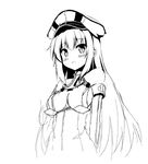  :o bangs bare_shoulders bismarck_(kantai_collection) blunt_bangs blush cowboy_shot detached_sleeves dress elbow_gloves gloves greyscale hat kantai_collection lineart long_hair looking_at_viewer looking_down monochrome open_mouth simple_background sketch skin_tight solo source_request tight_dress white_background yoasakura 