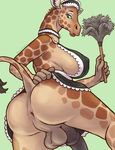  2016 animal_genitalia animal_penis anthro anus areola backsack balls big_breasts big_penis breasts chewycuticle clothing dickgirl dust_spanner equine_penis erect_nipples giraffe green_eyes hi_res hooves horn intersex maid_uniform mammal nipples penis perineum rear_view simple_background skirt skirt_lift solo uniform 