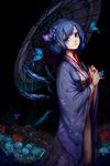  alternate_costume blue_eyes blue_hair butterfly_on_hand cirno darkness floral_print flower hair_flower hair_ornament highres hydrangea ice ice_wings japanese_clothes kimono kiyomasa_ren looking_at_viewer oriental_umbrella smile solo spider_lily standing touhou umbrella wide_sleeves wings 