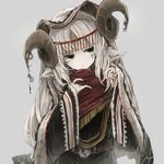  absurdres animal_ears circlet facial_mark green_eyes highres hisona_(suaritesumi) horn_ring horns jewelry long_hair looking_to_the_side nail_polish original pale_skin ring silver_hair simple_background solo wide_sleeves 