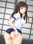  ass black_hair blush breasts brown_eyes buruma covered_nipples girls_und_panzer gym_uniform haru_kanata large_breasts long_hair looking_at_viewer looking_back nishizumi_shiho solo 