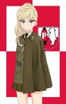  bear blonde_hair blue_eyes bonple_(emblem) bonple_military_uniform capelet coat_of_arms emblem fourragere girls_und_panzer girls_und_panzer_ribbon_no_musha highres jajka_(girls_und_panzer) long_hair military military_uniform miniskirt necktie poland polish polish_air_force_checkerboard skirt solo takafumi uniform wojtek 