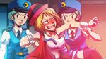  blue_eyes blush brown_hair drunk hat highres junsaa_(pokemon) open_mouth pokemon pokemon_(anime) police police_uniform policewoman queen-zelda serena_(pokemon) short_hair sleeveless_duster thighhighs uniform 