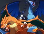  blue_eyes charizard dragon duo fire mega_charizard mega_charizard_x mega_charizard_y mega_evolution nintendo plus-alpha pok&eacute;mon red_eyes simple_background video_games 