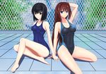  aozaki_aoko armpits black_eyes black_hair blue_eyes brown_hair competition_swimsuit day kuonji_alice long_hair looking_at_viewer mahou_tsukai_no_yoru multiple_girls northman one-piece_swimsuit outdoors school_swimsuit smile swimsuit 