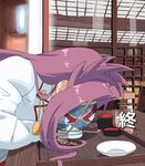  blouse bowl chair covered_face cup drinking_glass ear food indoors japanese_clothes jun'you_(kantai_collection) kantai_collection kozou_(rifa) long_hair long_sleeves plate purple_hair sleeping solo spiked_hair table translated window 