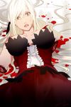  amputee blonde_hair blood breasts breasts_apart commentary_request dress guro highres kiss-shot_acerola-orion_heart-under-blade kizumonogatari large_breasts long_hair looking_at_viewer lying monogatari_(series) on_back open_mouth red_dress sofy solo tears tile_floor tiles very_long_hair yellow_eyes 