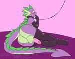  2016 anthro anthrofied balls big_butt blush butt clothing collar dragon elbow_gloves ethanqix friendship_is_magic girly gloves green_eyes humanoid_penis leash legwear looking_at_viewer looking_back lying male mostly_nude my_little_pony on_side penis penis_backwards rear_view scalie solo spike_(mlp) stockings thigh_highs 