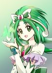  :d akimoto_komachi arm_warmers brooch bug butterfly butterfly_hair_ornament cure_mint frills green_background green_eyes green_hair hair_ornament highres insect jewelry long_hair looking_at_viewer magical_girl open_mouth precure puca-rasu smile solo upper_body yes!_precure_5 