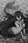  albedo arm_support breasts demon_horns greyscale hair_between_eyes horns long_hair looking_at_viewer medium_breasts mermaid monochrome monster_girl nude overlord_(maruyama) partially_submerged richerdo solo very_long_hair water 