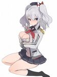  agu black_eyes black_skirt blush breasts cleavage hair_ribbon hat kantai_collection kashima_(kantai_collection) large_breasts long_hair military military_uniform miniskirt open_clothes ribbon silver_hair simple_background sitting skirt solo twintails uniform white_background 