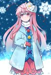  buttons circle coat commentary_request cross fox_mask gloves hata_no_kokoro long_hair long_sleeves looking_to_the_side mask mask_on_head open_clothes open_coat pink_eyes pink_hair plaid plaid_shirt scarf shirt skirt snowflakes snowing solo star touhou white_scarf yutamaro 