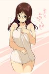  akizono_kanna alternate_hairstyle brown_hair glasses hair_down hand_on_own_stomach long_hair mole mole_under_mouth naked_towel sasamori_tomoe smile solo succubus_stayed_life towel white_towel 