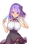  bad_id bad_pixiv_id blue_eyes breasts dagashi_kashi flower food hair_flower hair_ornament hairband high-waist_skirt highres large_breasts liangchanxingmingrixiang looking_at_viewer lowleg_pantyhose pantyhose popsicle purple_hair shidare_hotaru short_hair skirt smile solo 