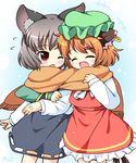  2girls :d ^_^ animal_ears blush brown_hair cat_ears cat_tail chen closed_eyes fang flying_sweatdrops green_hat hat jewelry long_sleeves mob_cap multiple_girls multiple_tails nazrin nekomata one_eye_closed open_mouth pila-pela scarf shared_scarf short_hair single_earring smile tail touhou two_tails 
