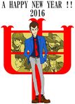  blue_jacket commentary_request highres jacket jigen_daisuke ken. ken_(ae86500fken) lupin_iii mine_fujiko necktie nengajou new_year red_neckwear zenigata_kouichi 