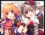  dark_illuminate drill_hair idolmaster idolmaster_cinderella_girls kanzaki_ranko long_hair looking_at_viewer microphone multicolored_hair multiple_girls ninomiya_asuka open_mouth orange_hair purple_eyes purple_hair sakura_yuki_(clochette) silver_hair twin_drills twintails two-tone_hair 