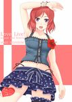  :d arm_on_head arm_up armpits bracelet character_name copyright_name corsage flower heart jewelry layered_skirt leg_garter love_live! love_live!_school_idol_project navel nishikino_maki open_mouth panties panty_straps polka_dot_skirt purple_eyes red_hair sano_souichi short_hair side-tie_panties smile solo underwear 