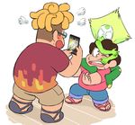  2boys ;o afro blonde_hair brown_hair cellphone curly_hair denim flip-flops fume glasses green_skin grimace jeans kohira-san looking_up monster multiple_boys no_socks one_eye_closed open_mouth outstretched_arms pants pants_rolled_up peridot_(steven_universe) phone ronaldo_fryman sandals shirt shorts simple_background smartphone smile standing steven_quartz_universe steven_universe sweat sweatdrop t-shirt taking_picture teeth white_background 