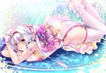  ass bare_shoulders barefoot blush bow breasts china_dress chinese_clothes cleavage dress fingernails flower frills full_body hair_flower hair_ornament hairband hips kantai_collection large_breasts legs_up long_fingernails looking_at_viewer lying nail_polish no_panties obi on_stomach petals pink_bow pink_nails sakurano_tsuyu sash shoukaku_(kantai_collection) sleeveless sleeveless_dress smile solo sparkle tassel the_pose thighhighs white_hair white_legwear wrist_cuffs yellow_eyes 