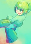  android arm_cannon blush gradient gradient_background green_eyes helmet male_focus open_mouth rockman rockman_(character) rockman_(classic) solo weapon 