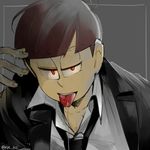  alternate_eye_color anubisu-no-sinpan border brown_hair close-up cum cum_on_body cum_on_boy cum_on_upper_body face facial formal grey_background looking_at_viewer male_focus matsuno_osomatsu open_mouth osomatsu-kun osomatsu-san red_eyes simple_background smile solo suit tongue tongue_out twitter_username upper_body white_border 