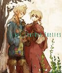  1girl ahoge alma_beoulve blonde_hair blue_shirt boots brown_gloves capelet cloak cloud copyright_name final_fantasy final_fantasy_tactics fingerless_gloves gloves kei_(kekkei) long_sleeves open_mouth plant ramza_beoulve shirt short_hair siblings standing talking thigh_boots thighhighs 