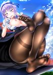  ass bad_feet blue_eyes breasts crossed_legs dagashi_kashi feet large_breasts looking_at_viewer nipples panties panties_under_pantyhose pantyhose purple_hair shidare_hotaru short_hair smile soles solo thighs toes underwear white_panties yottan 