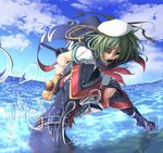  aiguillette black_footwear boots cape eyepatch foreshortening green_eyes green_hair hat highres kantai_collection kiso_(kantai_collection) kudou_maimu looking_at_viewer machinery neckerchief ocean pleated_skirt remodel_(kantai_collection) saber_(weapon) sailor_collar sailor_hat skirt smile solo sword weapon white_skirt 