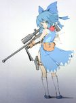  anti-materiel_rifle blue_dress blue_eyes blue_hair bow cirno commentary_request dress fingerless_gloves gloves gun hair_bow highres ice ice_wings looking_at_viewer lunavivienne open_mouth pgm_hecate_ii ribbon rifle scarf short_hair sniper_rifle solo touhou weapon wings 