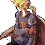  ahoge bad_id bad_pixiv_id blonde_hair blue_eyes cape cowboy_shot final_fantasy final_fantasy_tactics gloves looking_away lowres male_focus ponytail puffy_sleeves ramza_beoulve red_gloves sayonaraby simple_background solo upper_body white_background 