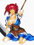  akuroporisu belt breasts cleavage collarbone huge_breasts japanese_clothes long_hair one_eye_closed onozuka_komachi open_clothes red_hair scythe simple_background sitting smirk solo touhou traditional_media two_side_up wariza 