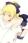  artoria_pendragon_(all) bare_shoulders bent_over blonde_hair blue_bow blush bow bracelet breasts choker cleavage colored_eyelashes detached_collar downblouse dress elbow_gloves fate/stay_night fate/unlimited_codes fate_(series) garter_straps gloves green_eyes hair_between_eyes hair_bow jewelry leg_garter lpip ponytail saber saber_lily short_hair simple_background small_breasts smile solo strapless strapless_dress thighs white_background white_dress white_gloves white_legwear 