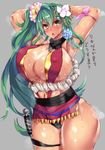  armpits arms_up black_panties blush breasts brown_eyes cleavage dark_skin green_hair grey_background highres huge_breasts long_hair navel panties poko_chin side_ponytail simple_background solo thick_thighs thighs translation_request underwear very_long_hair 