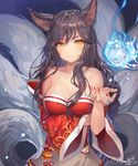  2016 ahri animal_ears bangs bare_shoulders blue_fire breast_hold breasts brown_hair cleavage dated detached_sleeves eyebrows_visible_through_hair facial_mark fingernails fire fox_ears fox_tail korean_clothes large_breasts league_of_legends long_hair looking_at_viewer magic momoko_(momopoco) multiple_tails nail_polish red_nails revision signature smile solo tail whisker_markings yellow_eyes 