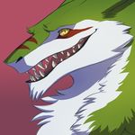  ambiguous_gender fangs fur green_fur lunalei mammal open_mouth sergal simple_background solo teeth tongue yellow_eyes 