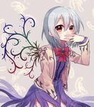  alternate_wings bow bowtie covering_mouth dress jacket kishin_sagume long_sleeves open_clothes purple_dress red_eyes renka_(sutegoma25) shirt short_hair silver_hair single_wing solo touhou wings 