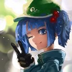  blue_eyes blue_hair hair_bobbles hair_ornament hat kaatoso kawashiro_nitori one_eye_closed short_hair smile solo touhou twintails two_side_up v 